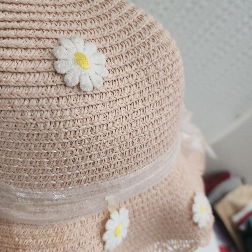 Vintage Blush Straw Sun Hat Floral Appliqué Ribbon Cottagecore Light Pink - Picture 6 of 9